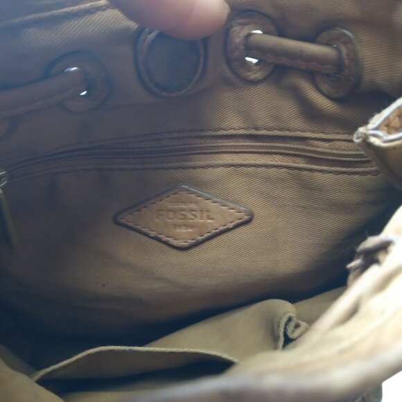 FOSSIL Claire Tech Tan Distressed Leather Drawstring With Tassels Crossbody Bag - Picture 5 of 10